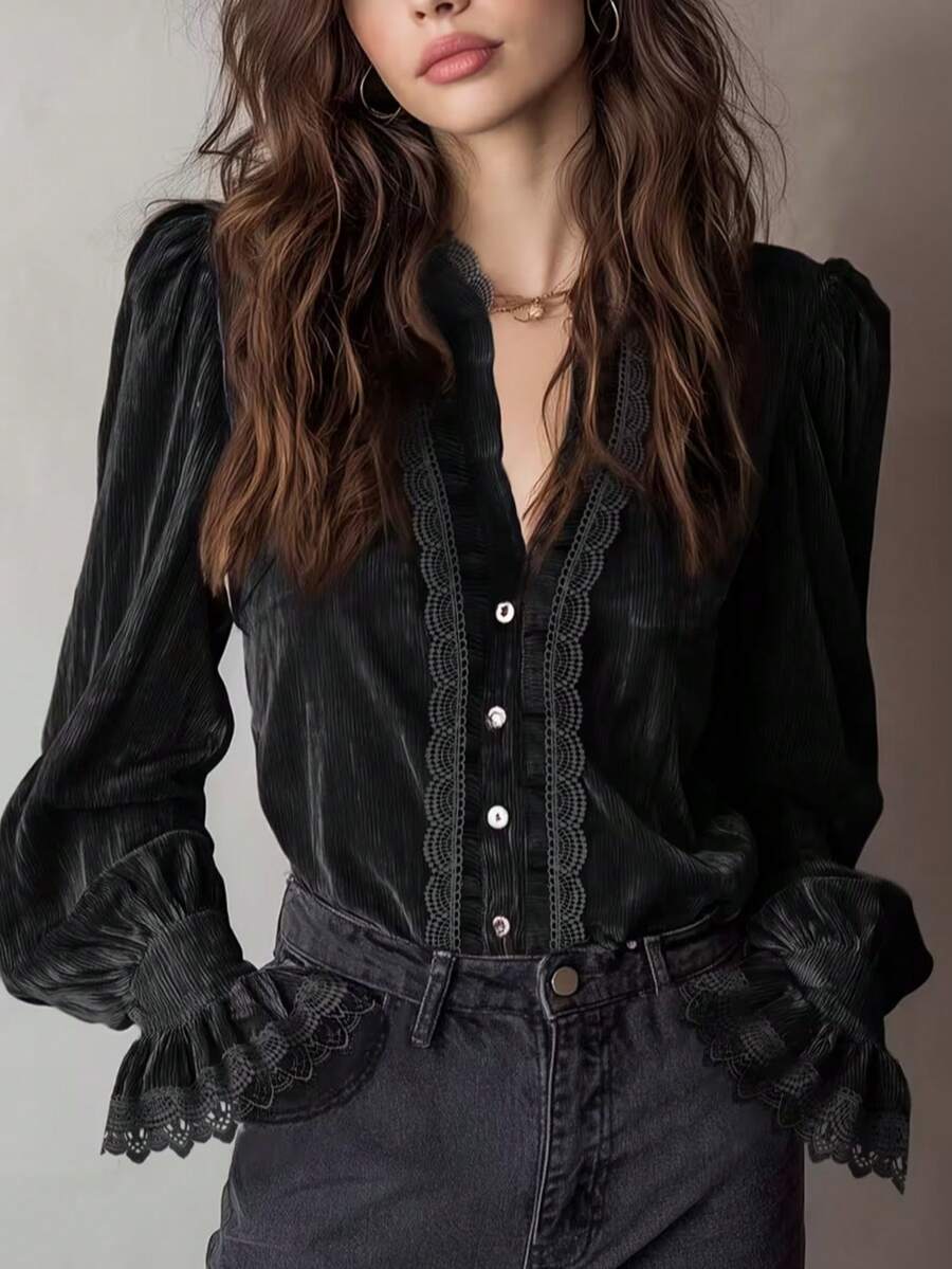 Áo kiểu nữ màu hồng nhung, áo sơ mi nữ phối ren màu trơn, kiểu dáng thanh lịch mặc hàng ngày cho mọi mùa, màu đen xuân. - màu đen - Xem 1