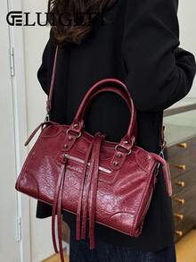 1 件酒红色拼接铆钉镶嵌金属拉链流苏装饰复古 PU 材质双提手可调节长肩带设计拉链闭合时尚复古甜美酷炫机车包 Y2K 朋克风方形包女士手提包休闲低调奢华风女士斜挎包适合日常通勤、工作、购物等用途 - 酒紅色 - 查看 4