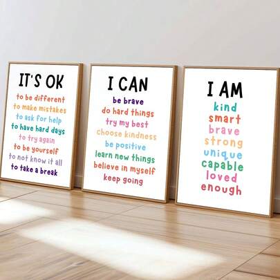 3PCS "It's Okay ""I Am"" I Can "Words Of Affirmations Poster Or Canvas Print, Positive Words Poster, Kids Motivational Wall Art For ,Classroom,Canvas Art Wall, Room Poster, Home Decoration,Room Decoration Supplies, Bedroom, Living Room Decoration, Optional Frame