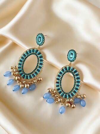 Exotic Hollow Bell Pendant Earrings, Inlaid With Colorful Beads, Oval Design, Suitable For Women's Daily Wear, Also Can Be Used As Holiday Jewelry Gift