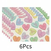 1/4/6/8/12 Stücke Set, Rotes Herz Muster, Valentinstag, Karomuster, Leinen Tischsets, waschbare bedruckte Tischsets, Oberflächenschutzmatten, Tischsets für Innen und Außen, geeignet für Feierlichkeiten und Küchendekoration - Verschiedenfarbig - Übersicht 12