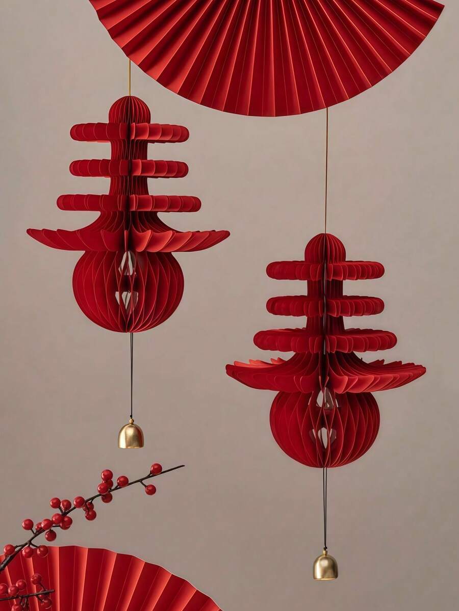 3pcs/Set Chinese New Year Decorations, Hanging 3D Honeycomb Lantern Decor Set, Red Paper Honeycomb Chinese Character Decor, Lunar New Year Decorations, New Year Gifts, New Year Party Decor, Home Decor, Room Decor, Wall Decor - Red - View 1