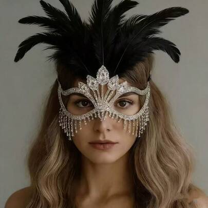 A Silvery Feathers Rhinestone Tassel Mask Venetian Women Party Masquerade Mask Luxury Crastal Facial Jewelry Fancy Dress Costume Eye Mask