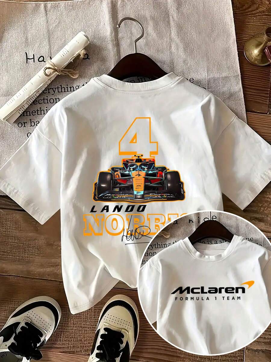 White T-Shirt, 1 pcs F1 team's No. 4 car Cartoon Letter graphic print T-shirt 180g Pure Heavy 100% Polyester fiber (polyester) T Shirt, Relaxing versatile and comfortable, beach vacation, simple and fashionable, Daily wear suitable for women and girls - Blanco - Ver 1