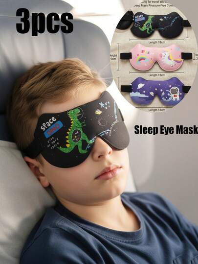3pcs/Set Older Kids & Adult Dinosaur, Unicorn, Big Eye Printed Sleep Mask, Comfortable 3D Contoured Eye Mask For Sleeping, Napping, Travel