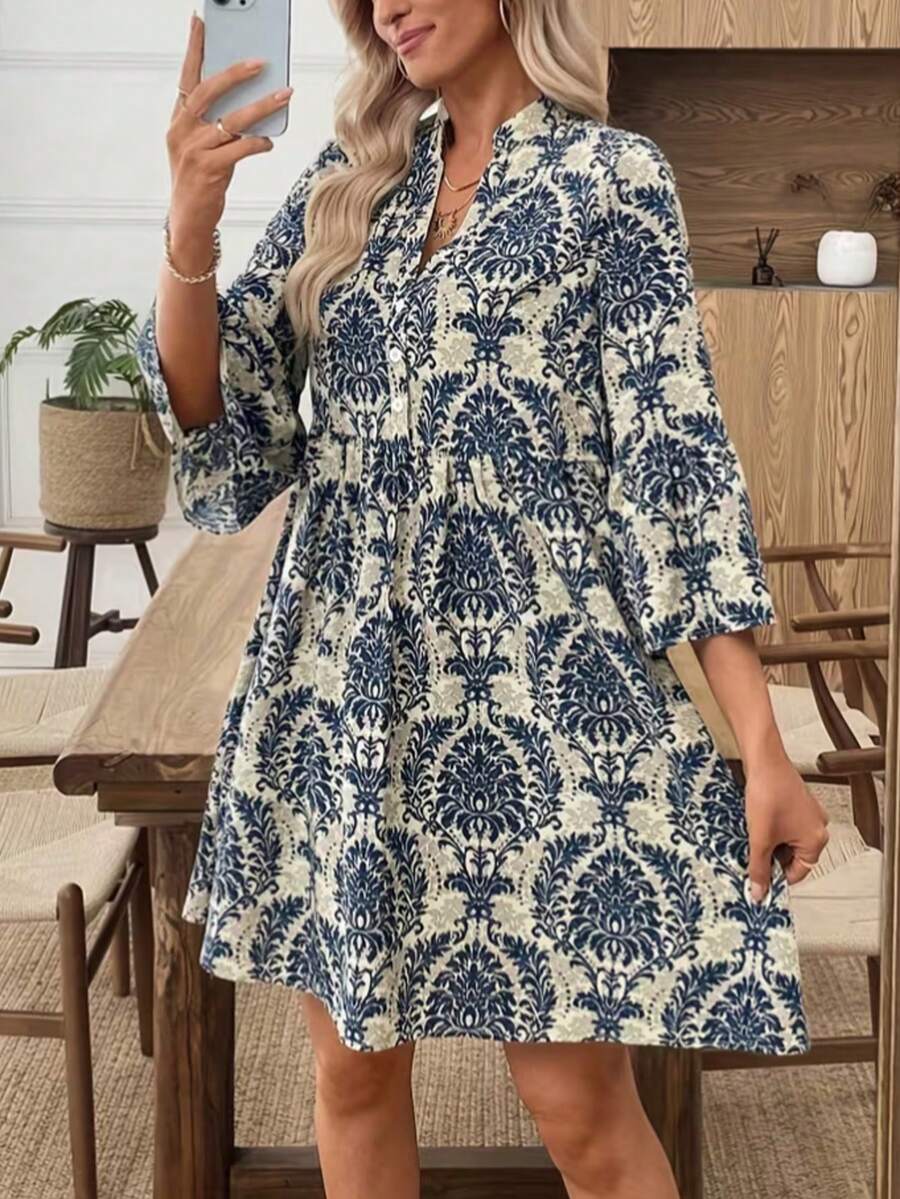 Bohemian Stil A-Linie Minikleid, V-Ausschnitt Design, 3/4 Ärmel - Aprikose und Blau - Übersicht 1