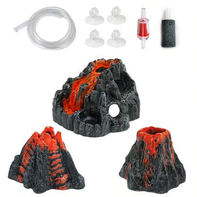一套水族箱造景人造火山装饰，包括假山、气泵、气石和氧气泵