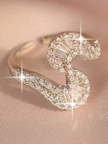 1 Stück eleganter S-förmiger quadratischer Zirkonia Verlobungsring, vintage asymmetrischer Wellen verstellbarer Ring, geeignet für Mutter, Freundin, Alltagstragen, Schmuckgeschenk und verschiedene Anlässe - Weiss - Übersicht 1