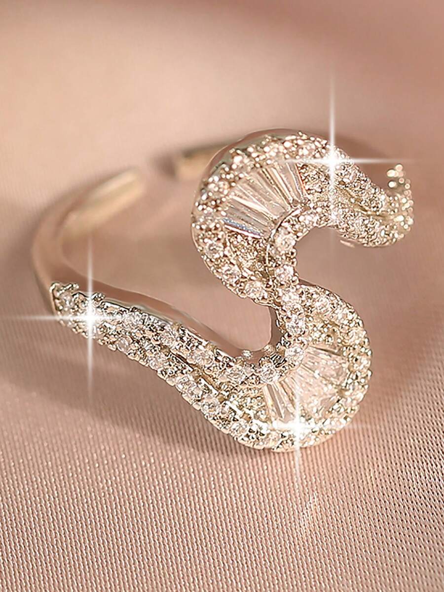 1 Stück eleganter S-förmiger quadratischer Zirkonia Verlobungsring, vintage asymmetrischer Wellen verstellbarer Ring, geeignet für Mutter, Freundin, Alltagstragen, Schmuckgeschenk und verschiedene Anlässe - Weiss - Übersicht 1