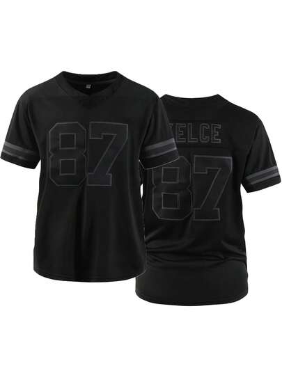 Atonmore Men's 87# Black American Football Jersey Casual Short Sleeve Embroidered V-Neck T-Shirt, Party & Sports Wear