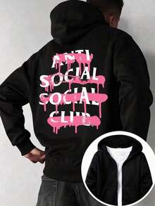 Hombre003-1 Men's Round Neck Hoodie With Anti Social Club Sad Boyz Print, Kangaroo Pocket And Drawstring, Long Sleeve, Loose And Casual, Ideal For Gifting As Men's Clothing Front And Back (Lightweight Spring-Autumn Model). Choose A Larger Size.) - 黑色 - 查看 12