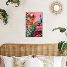 1Pc Wooden Frame Canvas Painting,Interesting Peacock And Disco Ball Poster Plant Wall Art, 2D Flat Canvas Wall Art, Bedroom, Office, Living Room, Coffee Shop, Bar, Wall Decoration, Halloween, Christmas Gifts - 粉色 - 查看 3