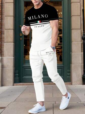 Conjunto de camiseta de manga corta de cuello redondo y pantalones con estampado de bloque de color minimalista para hombres