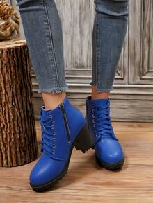 Autumn/Winter New Double Buckle High Heel Chunky Heel Lace-Up Boots For Women, Comfortable Boots, Work Boots, Platform Boots - 深藍色 - 查看 3