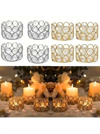 1/4/8/10/12/24 Pcs Gold/Silver Crystal Candle Holders, Tea Light Candle Holders, 1.6 Inch Height, Suitable For Wedding Ceremony, Dining Table Centerpiece, Christmas And New Year Gifts