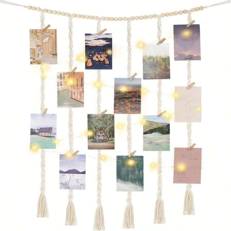 Mkono Macrame Hanging Photo Display Wall Decor With String Lights, Boho Wooden Beads Garland Collage Picture Card Frame Holder With 30 Clips For Bedroom Living Room Dorm, Teen Girls Christmas Gifts - ColorA - 查看 1