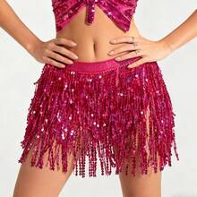 肚皮舞流苏腰链波西米亚风臀巾新款亮片腰带，闪亮迷你裙，肚皮舞嘻哈裙，流苏臀巾，适合假日肚皮舞臀巾，亮片流苏裹裙，适合女士闪亮服装、舞蹈服装、沙滩音乐节嘉年华派对闪亮连衣裙！ - 彩色 - 查看 9