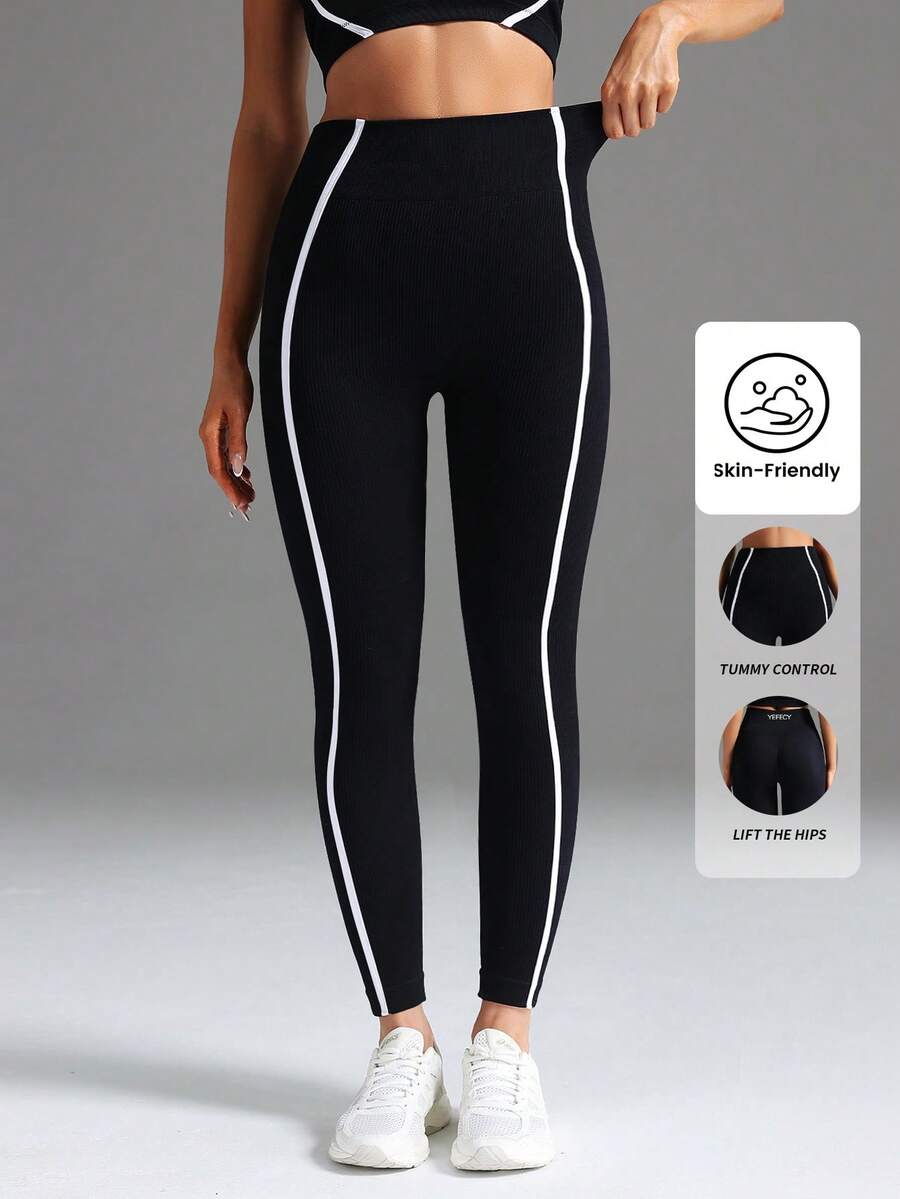 Quần legging yoga không đường may, co giãn cao, ôm bụng, cạp rộng, quần bó thể thao với viền tương phản. - màu đen - Xem 1