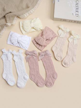 1 Set Baby Solid Color Nylon Jacquard Headband + Knitted Bow Over-The-Knee Socks, Warm And Non-Binding, Suitable For Baby Girls Cute Daily Wear