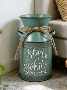 Distressed Green Metal Decorated Milk Can Bottle, Vintage Iron Wire Rope Tie, Green Background Printed "Stay Awhile" Lazy Slogan, Comes With A Relaxing And Healing Atmosphere. Can Be Used As A Vase For Dried Flowers Or A Storage Jar, Suitable For Nature-Inspired, Minimalist Styled Desktops, Corners, And Home Decor, Gentle And Stress-Relieving. - Four Seasons Double-eared Teapot 6 - View 8