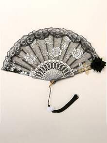 1把复古西班牙折扇，饰有弗拉明戈玫瑰蕾丝，优雅黑色女士手扇，适合女士聚会、婚礼、家居、客厅、办公室装饰，也可用于角色扮演、表演装饰或情人节礼物。 - 多色 - 查看 8
