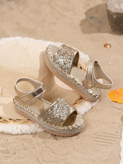 1 par de sandalias planas de verano para niñas con suela gruesa, estilo minimalista de moda, de color dorado, con punta abierta, antideslizantes para uso en exteriores y playa