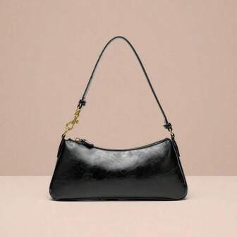 [Retro Minimalist Style] Black Glossy Underarm Bag Women 2026 Simplified Oiled Leather Shoulder Bag, Arc-Shaped Design, Versatile For Daily Commute, Capsule Wardrobe Essential, 31x13cm Flat Elongated Shape, Golden Hardware + Natural Luster, Atmospheric Styling Accessory Suitable For Commuting/Light Dates/Shopping