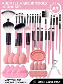 43pcs Makeup Brush Set Including 25pcs Makeup Brushes (Powder Brush, Blush Brush, Highlighter Brush, Eyeshadow Brush, Mascara Brush, Eyeliner Brush, Eyebrow Brush) + 4pcs Beauty Makeup Sponge + 4pcs Triangle Powder Puff + 4pcs Finger Makeup Sponge + 4pcs Mini Makeup Sponges + 1pc Makeup Brush Cleaning Bowl For Makeup Brushes And Beauty Sponges Cleaning + 1pc Eyelash Curler - Watermelon Pink - View 13