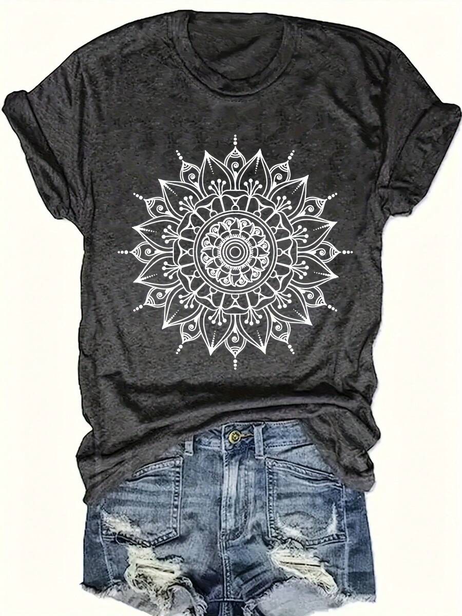 Women's Mandala Print Casual T-Shirt - Soft Fabric, Quick-Dry & Machine Washable, Slightly Stretchy Round Neck Short Sleeve Top For Spring/Summer, Durable Casual Attire, Spring Summer Apparel, Nontransparent Material - Màu xám đen - Xem 1