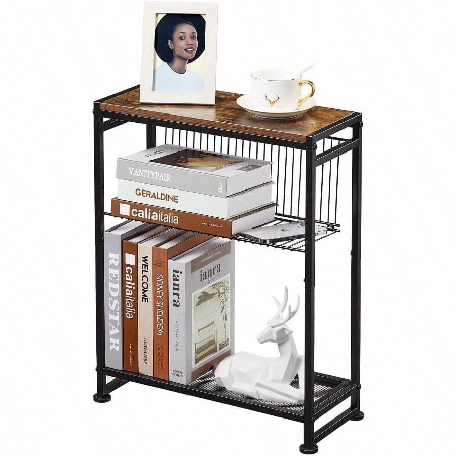 Dulcii Small Side Table For Small Spaces Skinny Bedside Nightstand Bedroom Thin Side Table Rustic Brown - RusticBrown - View 1