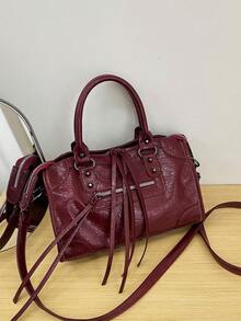 1 件酒红色拼接铆钉镶嵌金属拉链流苏装饰复古 PU 材质双提手可调节长肩带设计拉链闭合时尚复古甜美酷炫机车包 Y2K 朋克风方形包女士手提包休闲低调奢华风女士斜挎包适合日常通勤、工作、购物等用途 - 酒紅色 - 查看 7