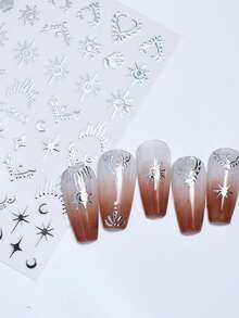 3片闪亮星星美甲贴纸 波西米亚风金属银色星爆星星月亮爱心Y2K美甲贴花 春季美甲用品 DIY婚礼美甲饰品装饰 - 銀色 - 查看 7