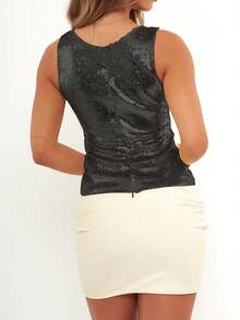 Women's Summer Crop Tank Tops Casual Shiny Sequins V-Neck Sleeveless Shirt Aesthetic Clothes For Streetwear - màu đen - Xem 3