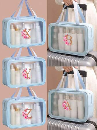 1 st. transparent PVC-sminkväska, bokstavsmönster, vattentät bärbar chenille-dragkedja för kosmetika, minimalistisk rese-necessär med bokstavsklistermärken, lämplig för kvinnor, badrumsbruk, broderad bokstav (bokstav A~Ö), present till mamma, strandväska, nödvändigt för skolstart, jul, rese-nödvändigt