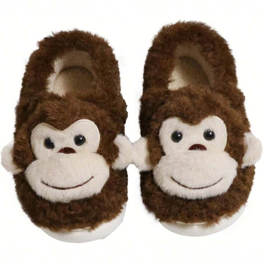 Monkey Animal Slippers Women Cute Plush Home Warm Winter Indoor Shoes - 11-12 女款/9-9.5 男款 + 深棕色 - 查看 1