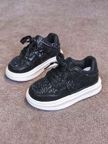 1 Pair Unisex Low-Top Flat Soft Bottom Sneakers, Anti-Slip Children's Skateboard Shoes, Korean Fashion Glitter Casual Shoes, Suitable For Spring, Summer, Autumn, Winter - Black - View 5