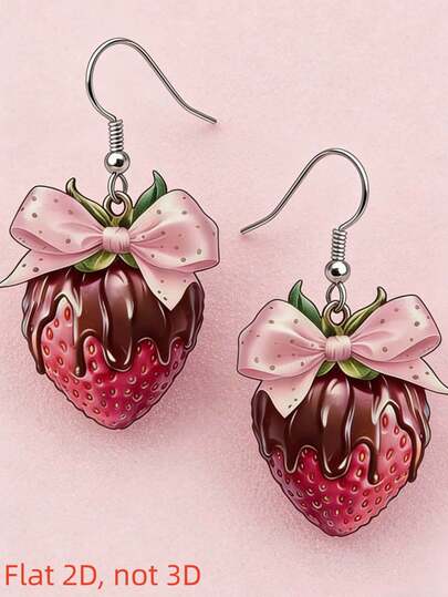 2D Strawberry Pendant Earrings With Bow Element, Fashion & Cute Fruit Earrings, Flat Acrylic Double-Sided Print, Casual Accessory Suitable For Daily Wear And Parties