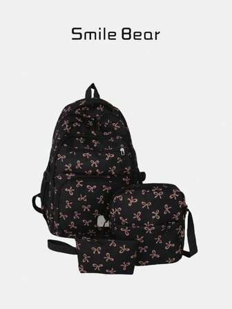 Set de 3 mochilas plegables resistentes al agua con cierre de cremallera, bolsillos múltiples y estampado de lazos en color negro, adecuadas para adolescentes, estudiantes de secundaria y universidad, graduados, uso diario, entrenamiento, combinación con atuendos de mujer, transporte, actividades al aire libre y viajes