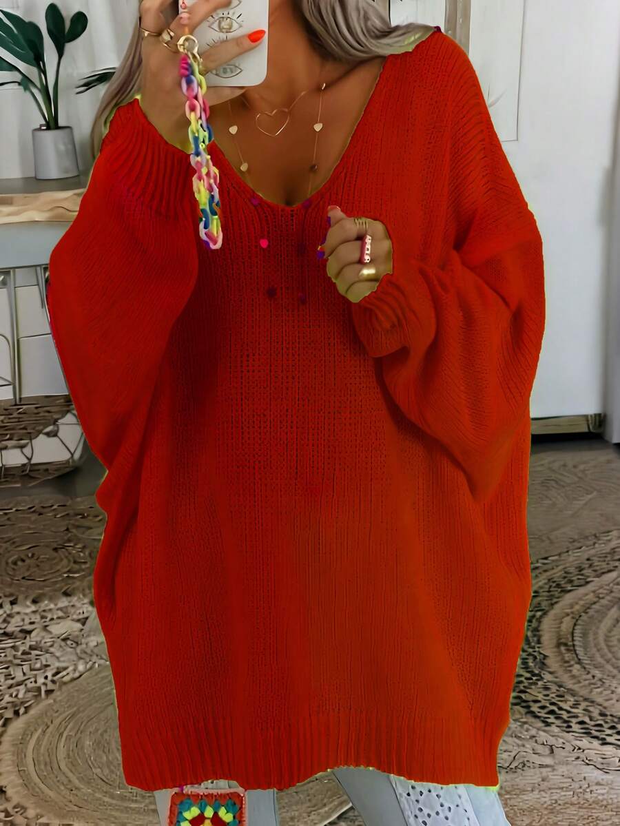 大尺碼女款優雅V領針織毛衣，純色亮黃色，百搭時尚羅紋長袖紅色