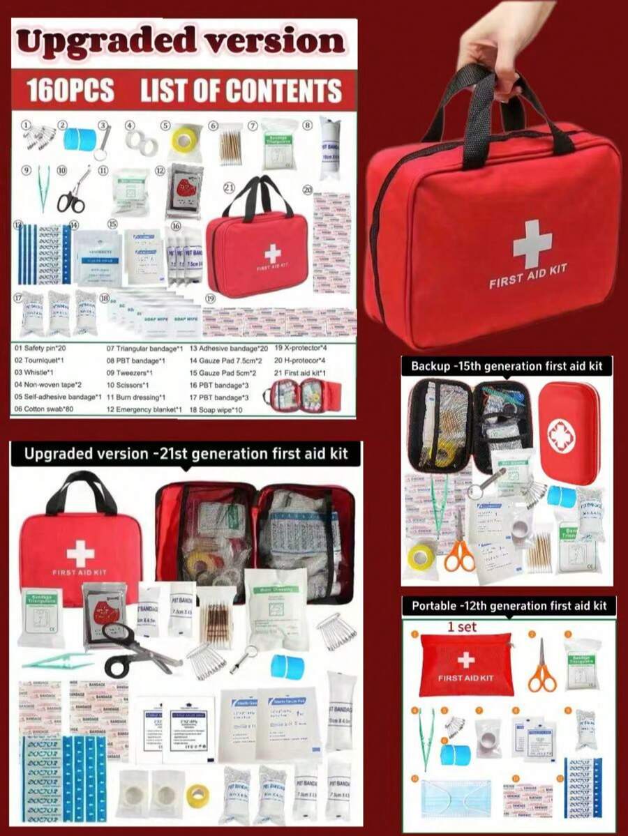 (160pcs/21pcs Set) Upgraded - Medical First Aid Kit, Outdoor Sports Earthquake Disaster Relief First Aid Bag, Home Travel Handbag Meets Basic Emergency First Aid Treatment Needs (21/15/12pcs Set) Multiple Sets Available