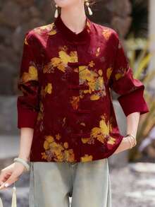 中国新年女士立领长袖印花梭织衬衫裙，纽扣前襟，常规长度 - 酒紅色 - 查看 2
