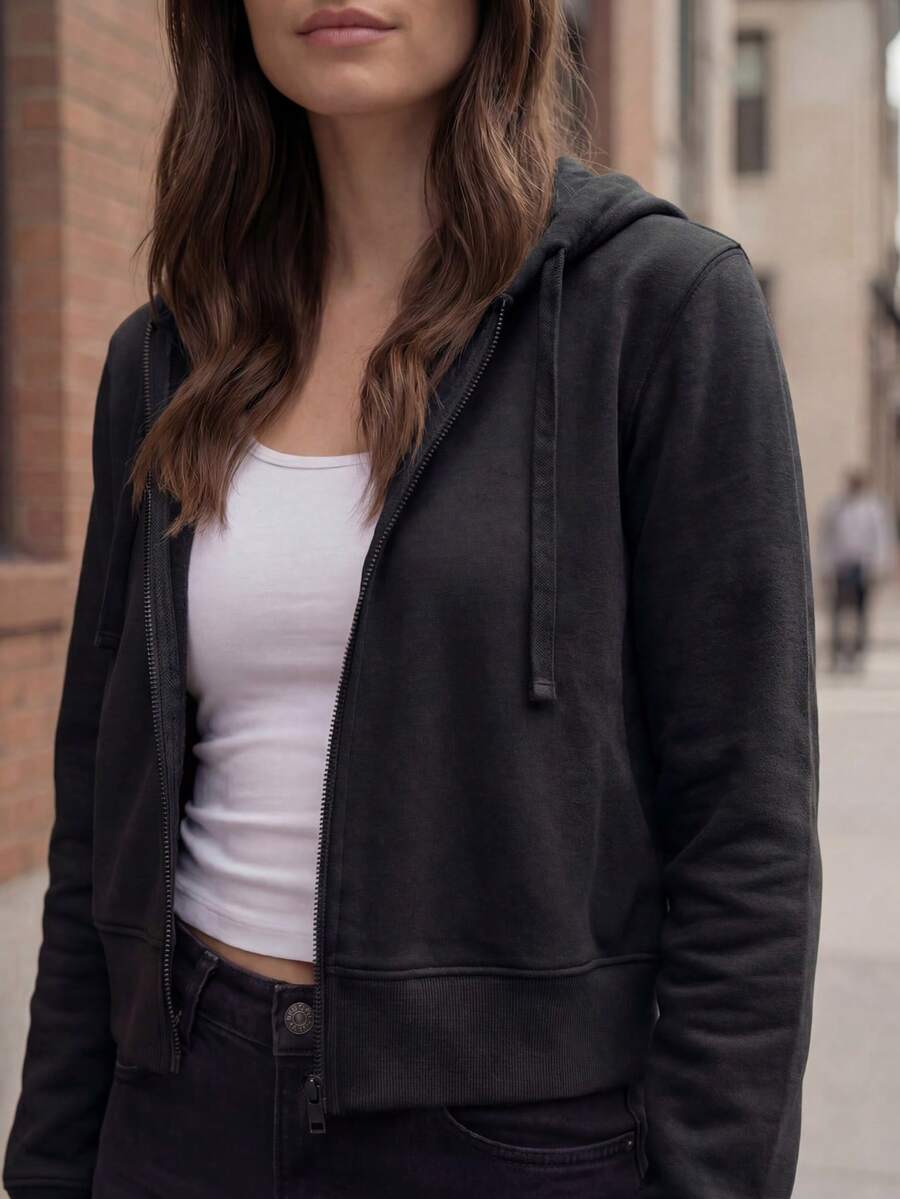 DEVIT - Sudadera con Capucha Crop Recortada de Mujer, Cremallera Frontal Completa y Cordones, Manga Larga, Casual, Moda Deportiva, Ajuste Holgado, Invierno, Otoño, Colores Negro, Oxford, Camel, Fiusha, Verde Militar y Lila.