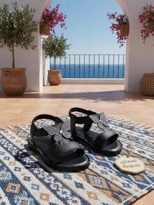 2026 Summer Black Glitter Bow Slip-On Flat Sandals, Soft PU Toe-Exposed Casual Sandals Suitable For Daily, Beach, Travel, Home, Party Wear - Black - View 8