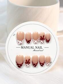 JUTI 10Pcs 100% Handmade Hand-Painted Short Almond Press On Nails | Nude Pink Red White Polka Dot Hand-Painted Rabbit Bow Fashionable Sweet Cute Lively Luxury Cute Nail Art | Reusable Daily & Party Nails - Multicolor - View 2