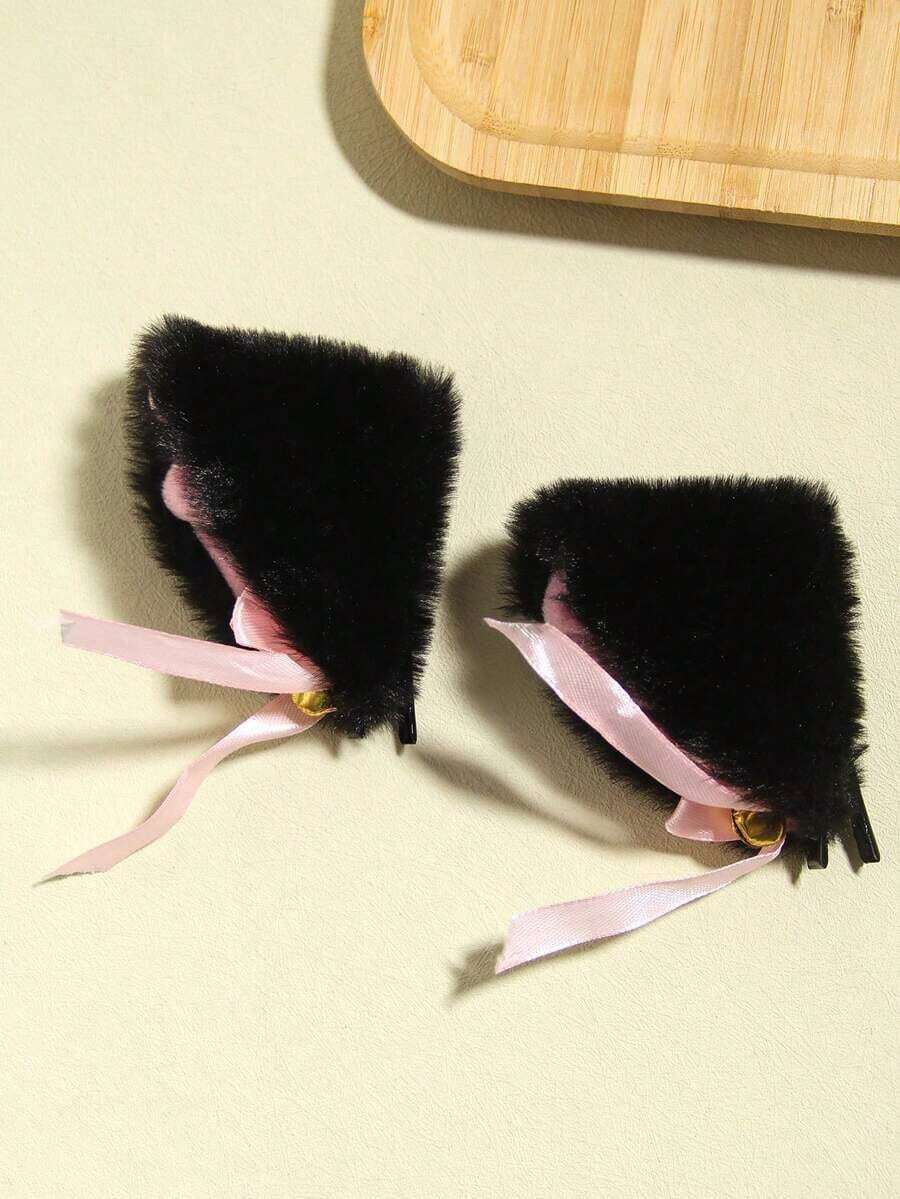 2pcs Black Bell Cat Ear Fluffy Cat Ear Hair Clips With Bells, Cat Ear Hair Accessories, Claw Clips, Hair Claws, Clips For Hair, Hair Slide, Hair Barrettes, Winter - 黑色 - 查看 1