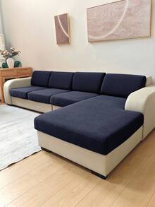 1pc Solid Color Jacquard Sofa Seat Cushion Cover, Elastic Polyester Fiber Removable & Washable Sofa Cushion Slipcover, Suitable For Living Room & Bedroom - Dark Blue - View 4
