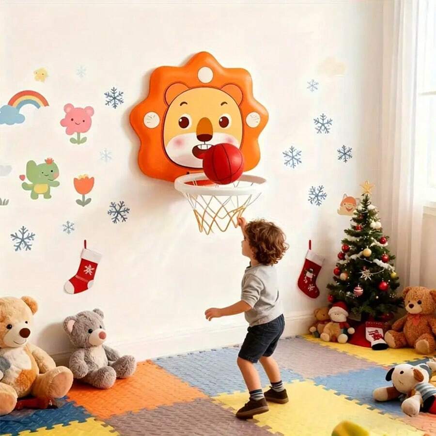 Lion-Themed Kids Basketball Hoop Set – Adjustable Height (3-6+ Years), 1-Second Fold Storage, Multi-Scene Play (Bathroom/Home/Pool), Complete Kit With Basketball + Pump + Adhesive Hooks + Suction Cups, Perfect For Toddler Active Play (Top Birthday/Christmas Gift) - Orange - View 1