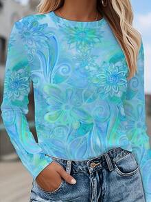 Women's Floral Print Long Sleeve T-Shirt - Vibrant Multicolor All-Over Design, Round Neck Casual Top, Machine Washable Spring/Fall Wardrobe Essential, Spring Fashion, Artistic Tee, Comfortable Fit, Print Blouse, Women - Xanh da trời - Xem 8