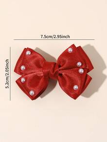 2个红色丝带蝴蝶结发夹，优雅珍珠发夹，柔软缎面鳄鱼夹，甜美女孩礼物，发卡，日常休闲发夹，青少年发饰 - 紅色 - 查看 7
