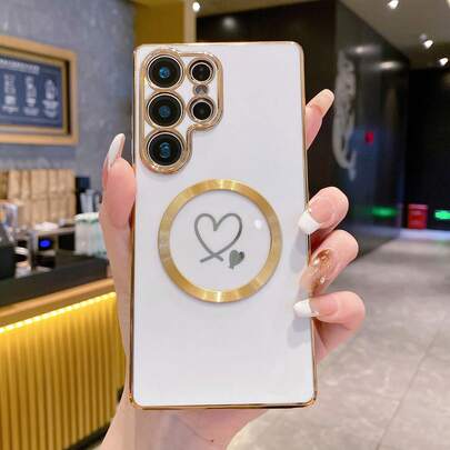 1 pieza Funda de teléfono metálica minimalista DIY con doble corazón + magnética inalámbrica a prueba de golpes con baño electrolítico, compatible con Galaxy A55 5G, A35/A15/S26U, compatible con OPPO, compatible con VIVO, compatible con teléfonos inteligentes Redmi, versión internacional, no la versión nacional